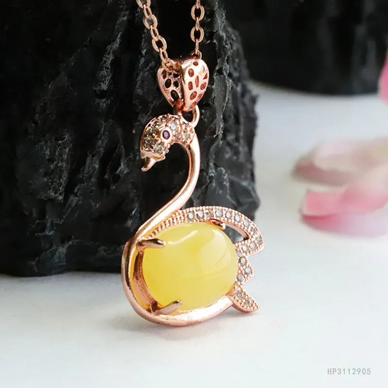 Swan Necklace with Yellow Honey Amber Pendant for Women — feature 9