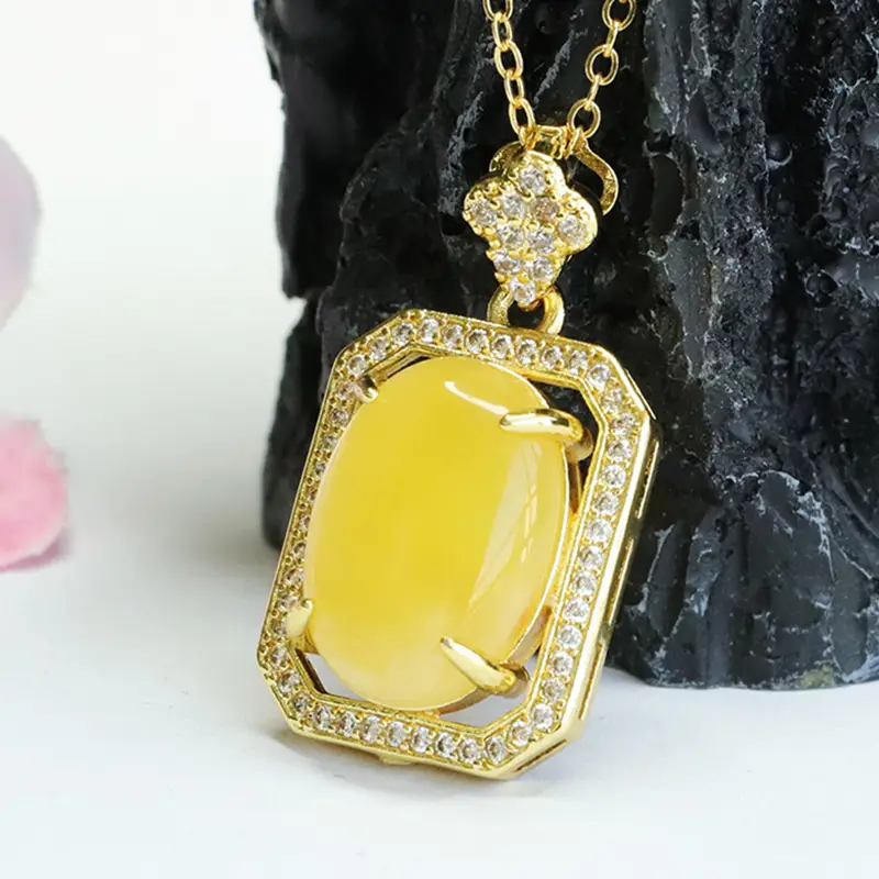 Yellow Amber Square Necklace with Crystal Accents - Image 3