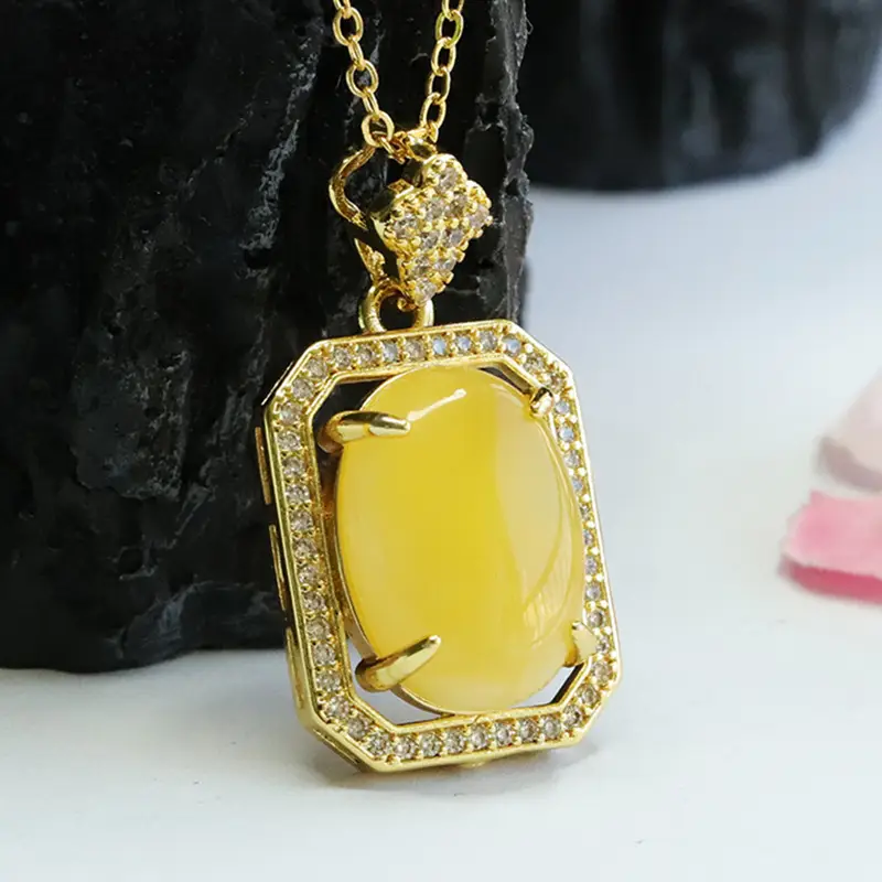 Yellow Amber Square Necklace with Crystal Accents - Image 4