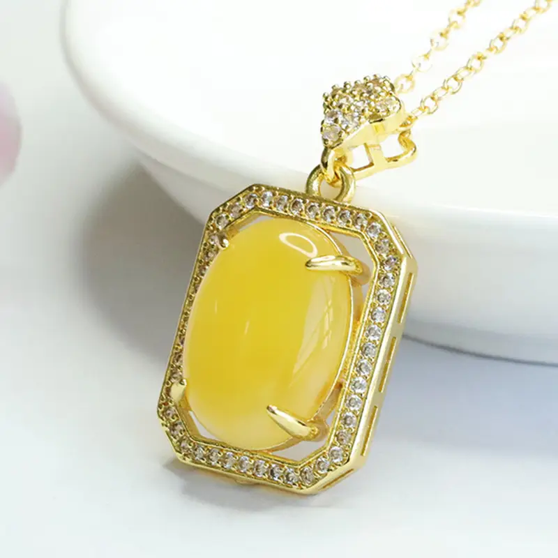 Yellow Amber Square Necklace with Crystal Accents - Image 5