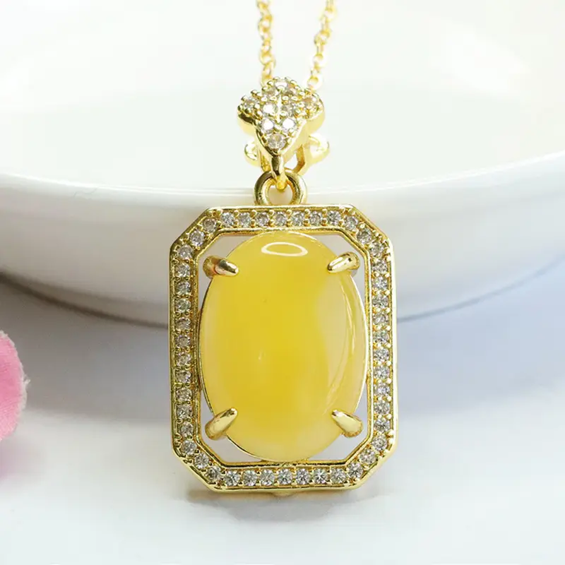 Yellow Amber Square Necklace with Crystal Accents — feature 4
