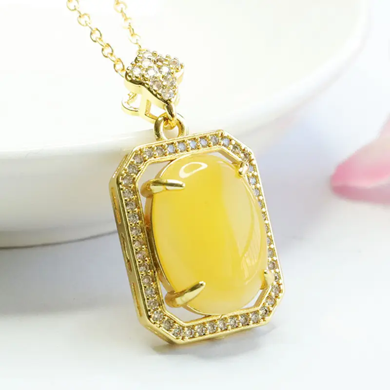 Yellow Amber Square Necklace with Crystal Accents — feature 6