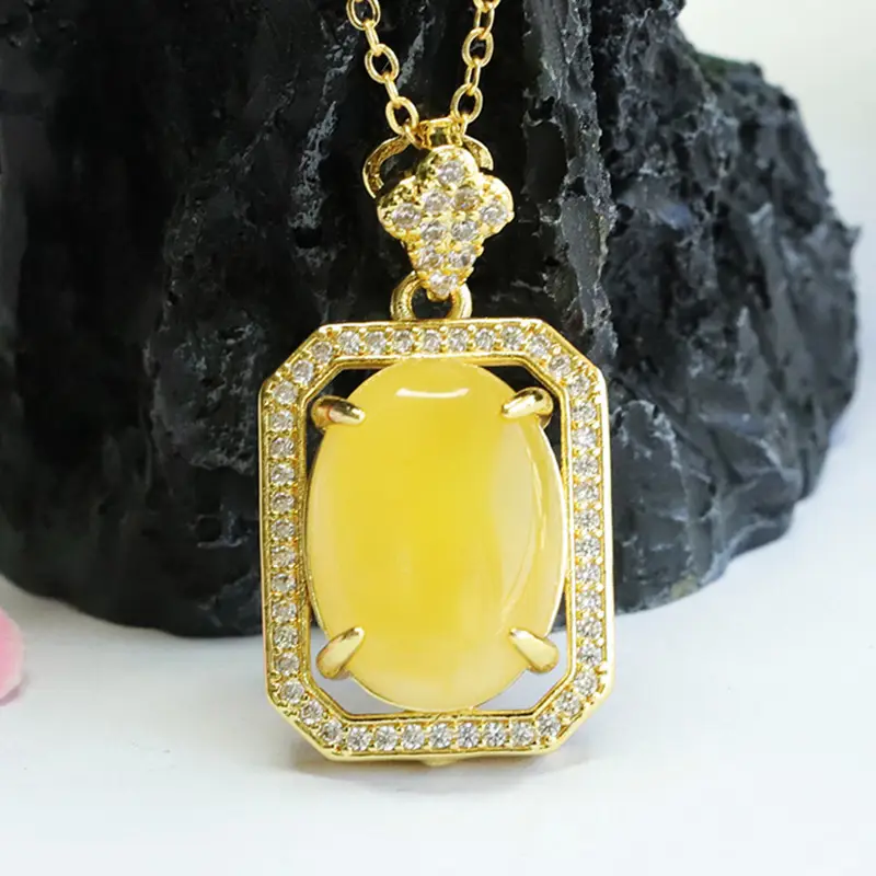Yellow Amber Square Necklace with Crystal Accents — feature 7