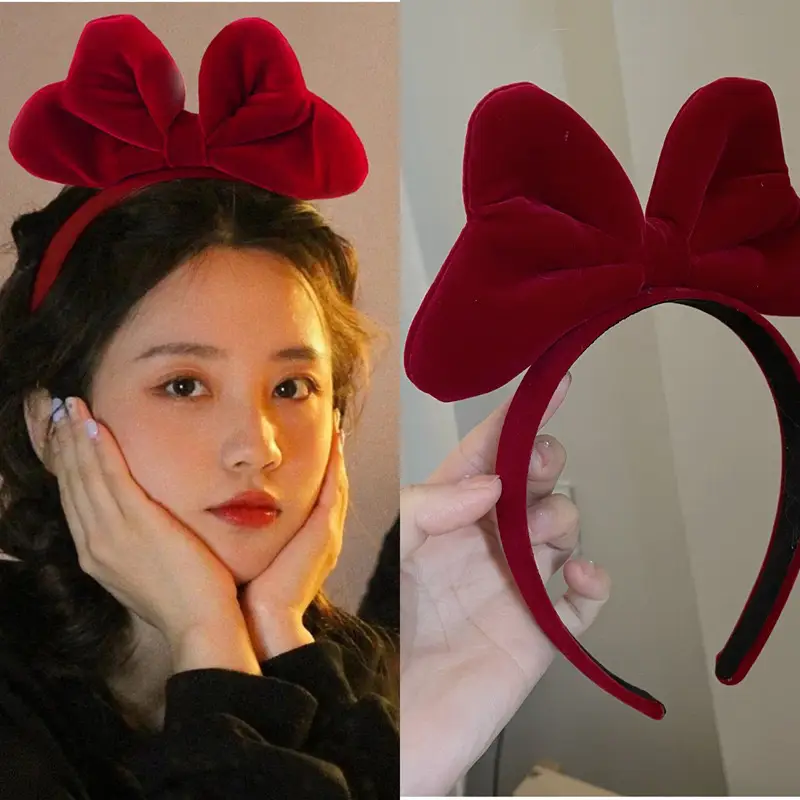 Autumn Winter Red Velvet Bow Headband for Women - Image 11