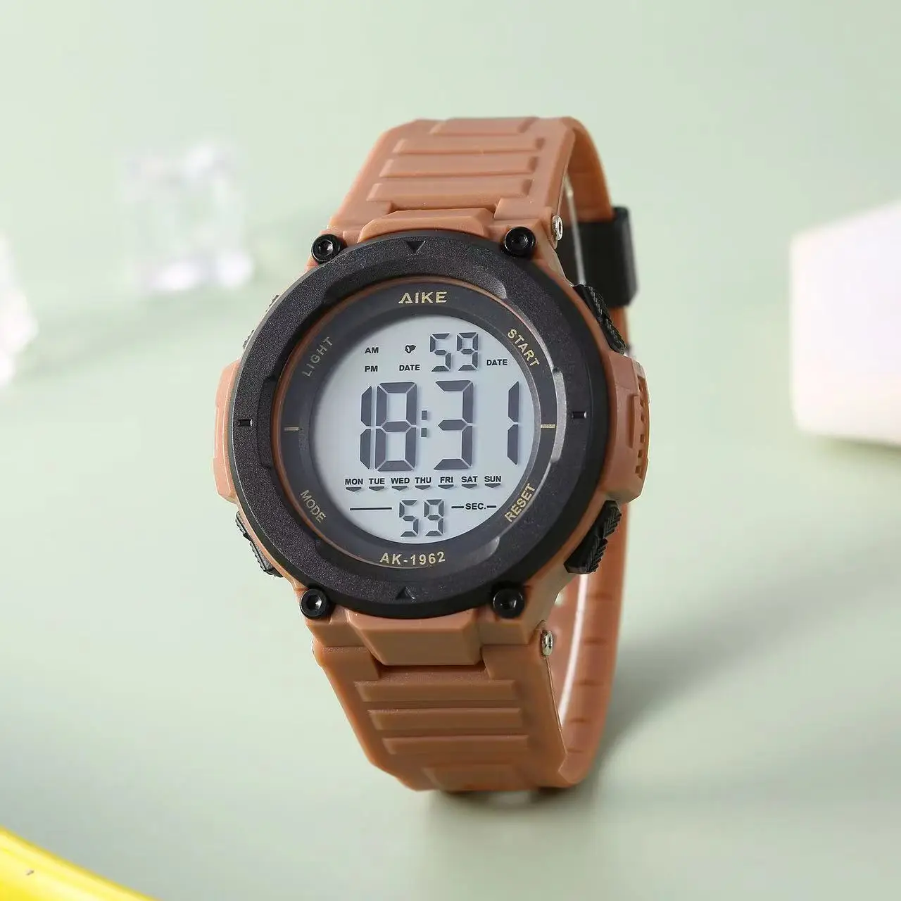 Aike1962 Men's Digital Clear Sports Watch Brown Strap — feature 16