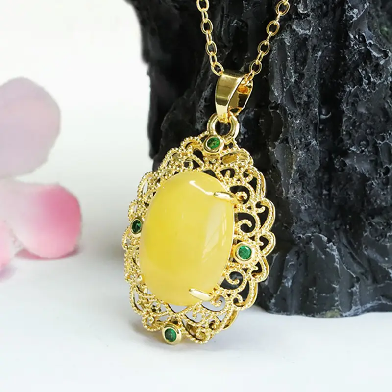 Guan Yu Yellow Honey Amber Pendant Necklace