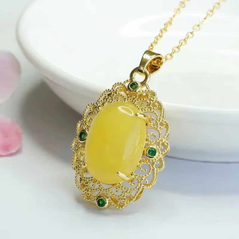 Guan Yu Yellow Honey Amber Pendant Necklace
