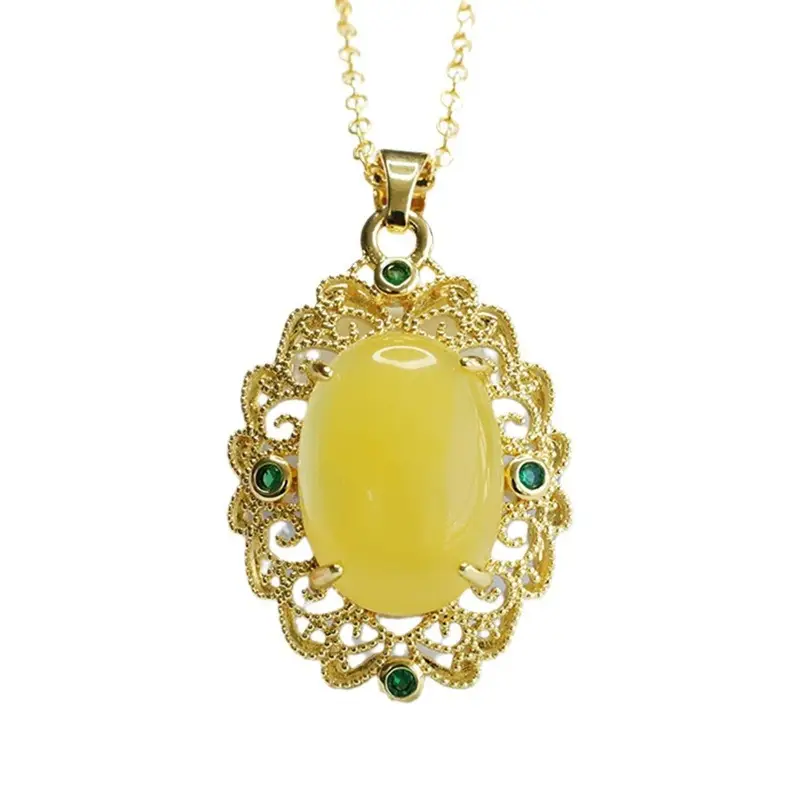 Guan Yu Yellow Honey Amber Pendant Necklace