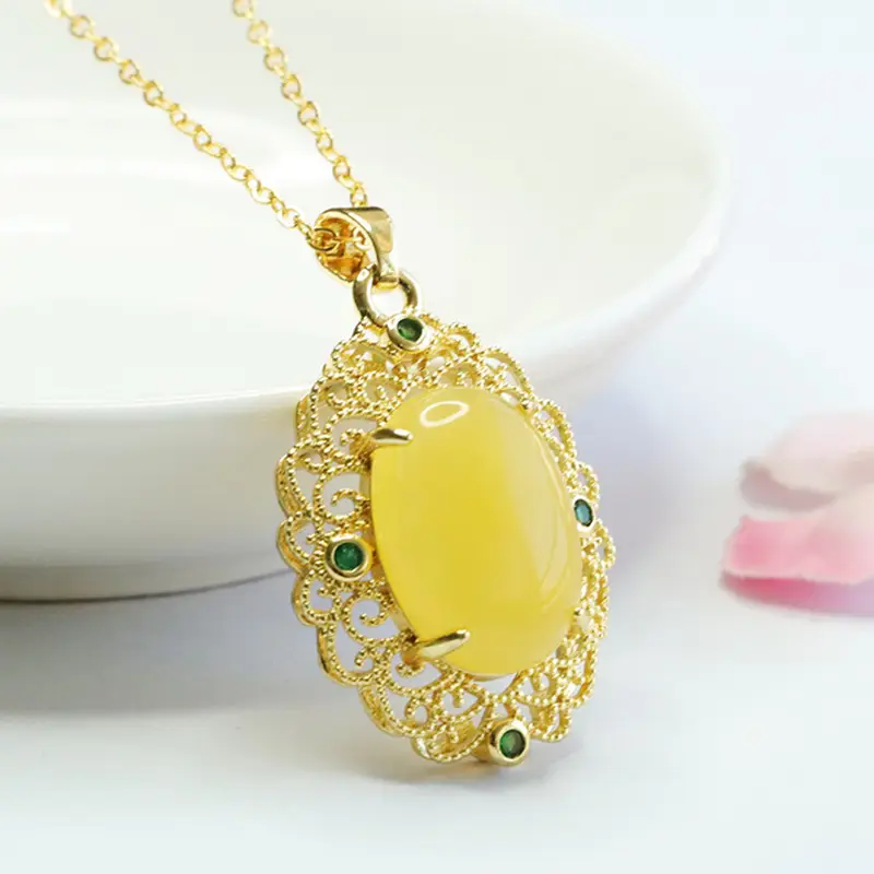 Guan Yu Yellow Honey Amber Pendant Necklace — feature 6