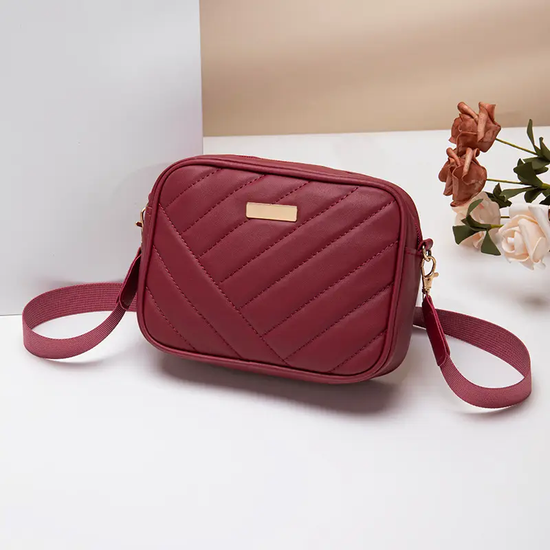 Red Quilted Embroidered Crossbody Bag for Women