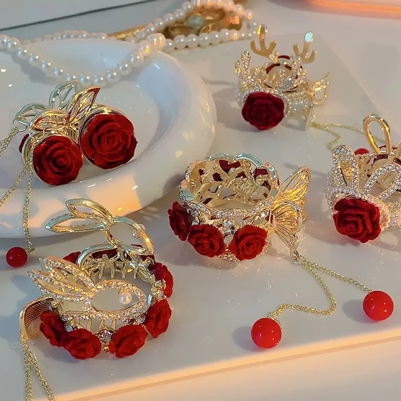 Red Rose Hairpin for Women High End Shark Clip - Image 30