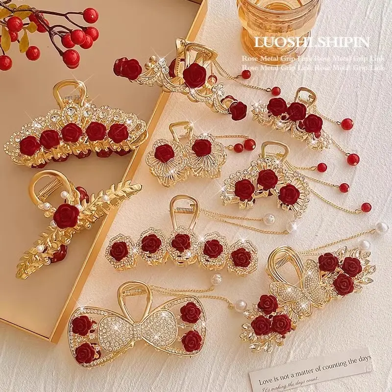 Red Rose Hairpin for Women High End Shark Clip - Image 31