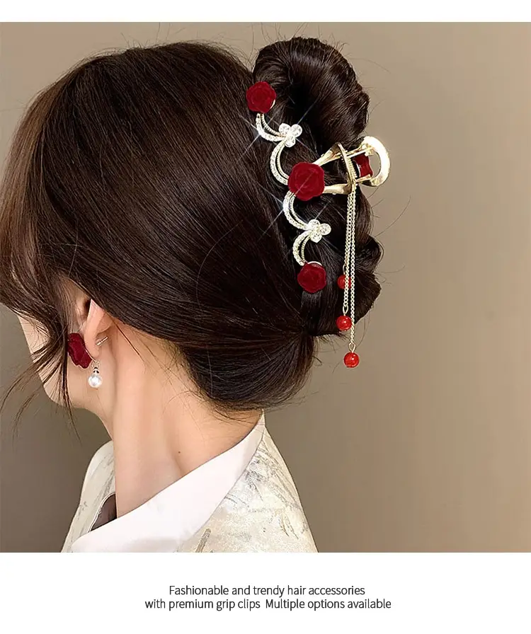 Red Rose Hairpin for Women High End Shark Clip — feature 10