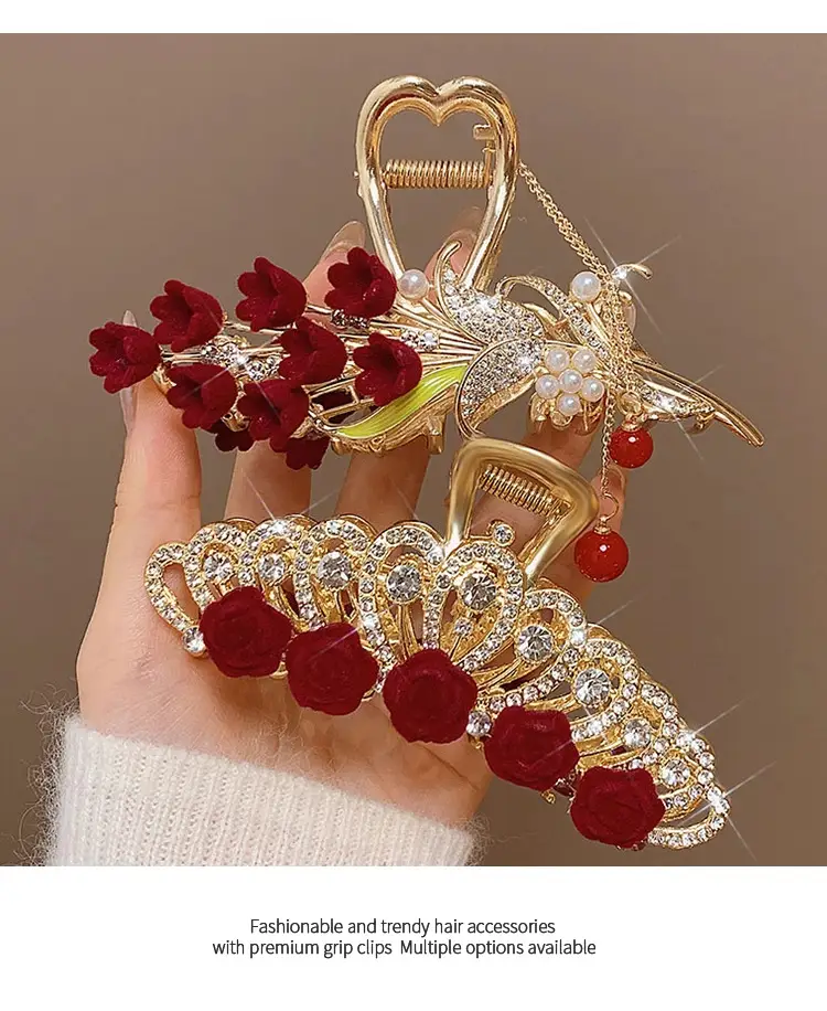 Red Rose Hairpin for Women High End Shark Clip — feature 12