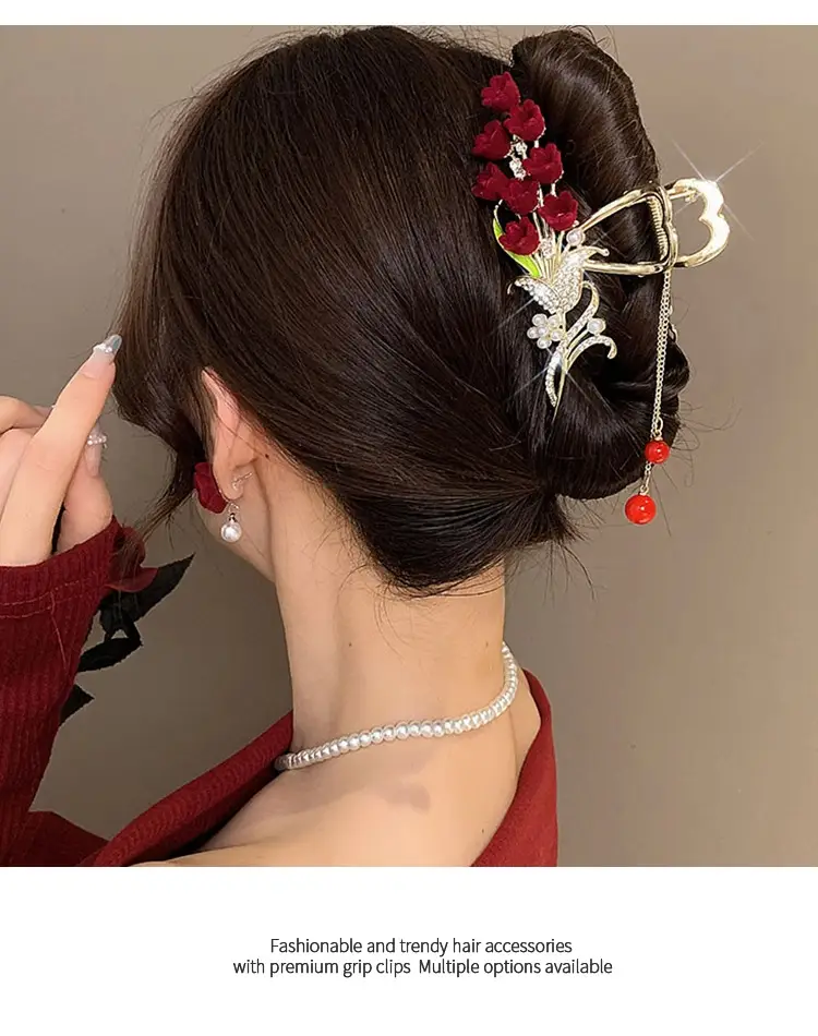 Red Rose Hairpin for Women High End Shark Clip — feature 13