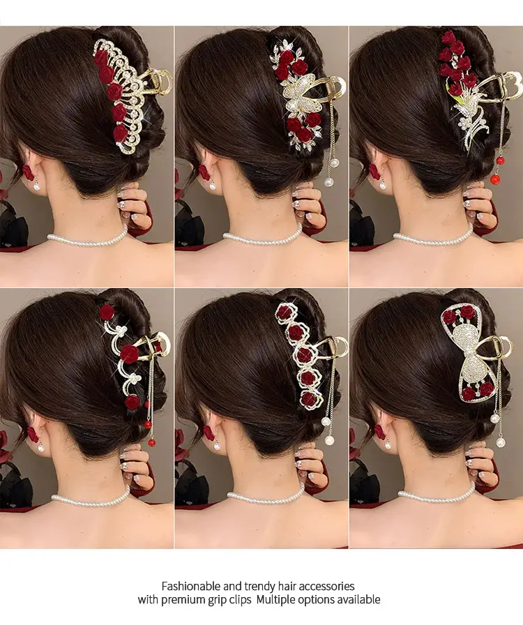 Red Rose Hairpin for Women High End Shark Clip — feature 4