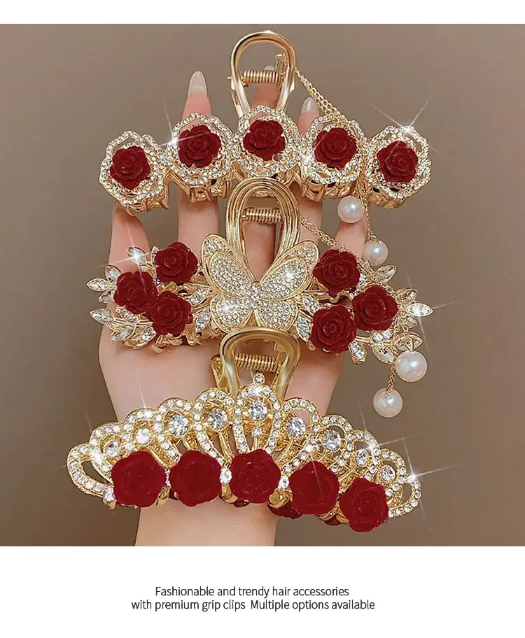 Red Rose Hairpin for Women High End Shark Clip — feature 5