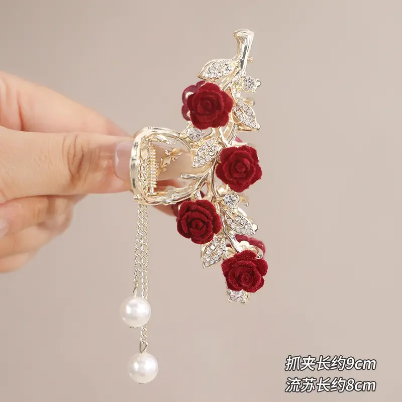 Red Rose Hairpin for Women High End Shark Clip - Image 10