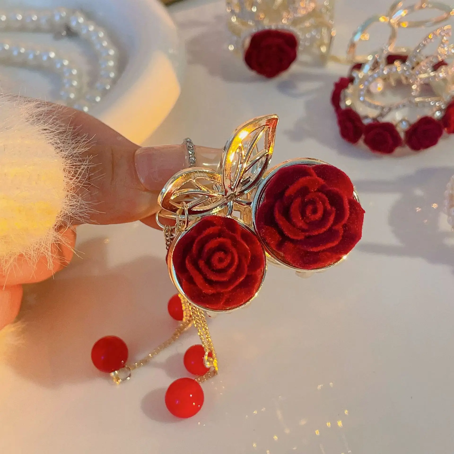 Red Rose Hairpin for Women High End Shark Clip - Image 13