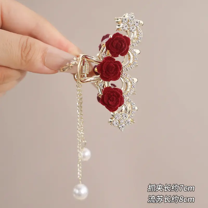 Red Rose Hairpin for Women High End Shark Clip - Image 14