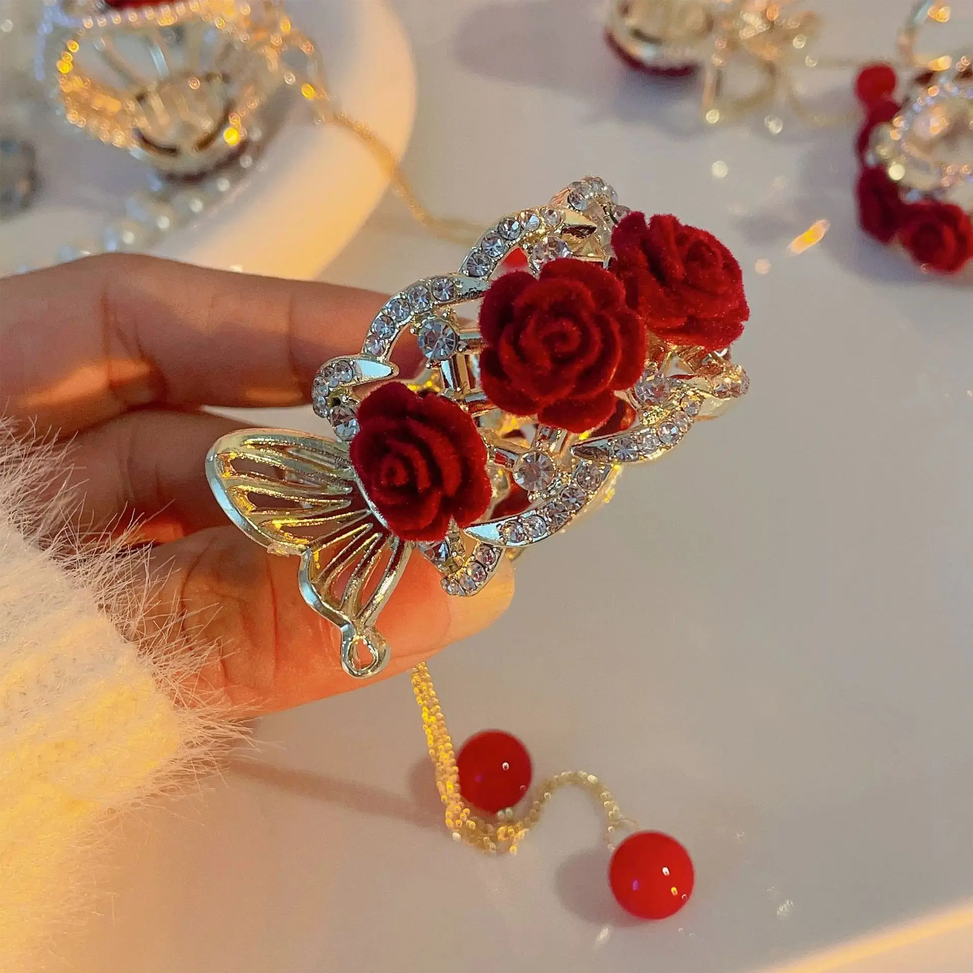 Red Rose Hairpin for Women High End Shark Clip - Image 15
