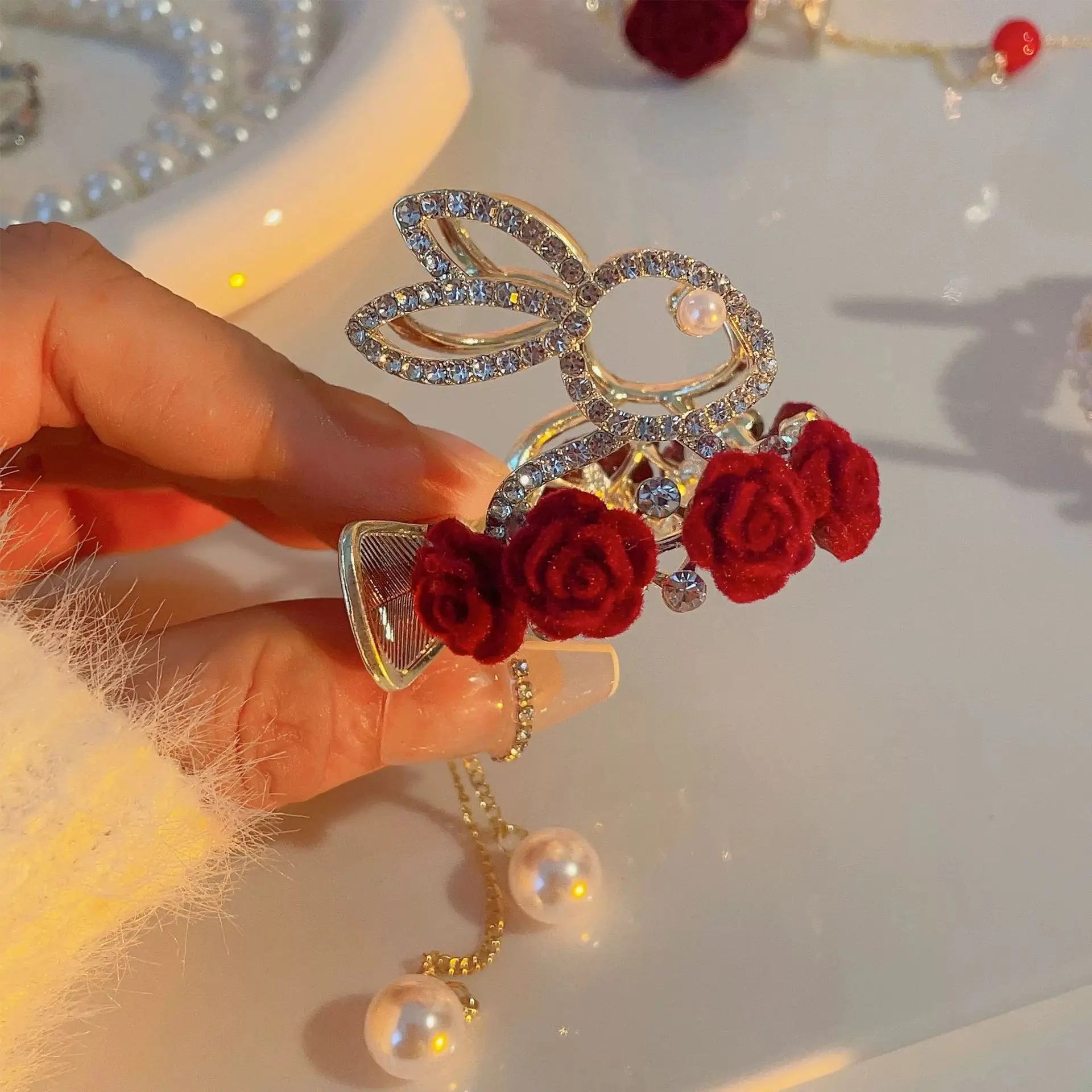 Red Rose Hairpin for Women High End Shark Clip - Image 16