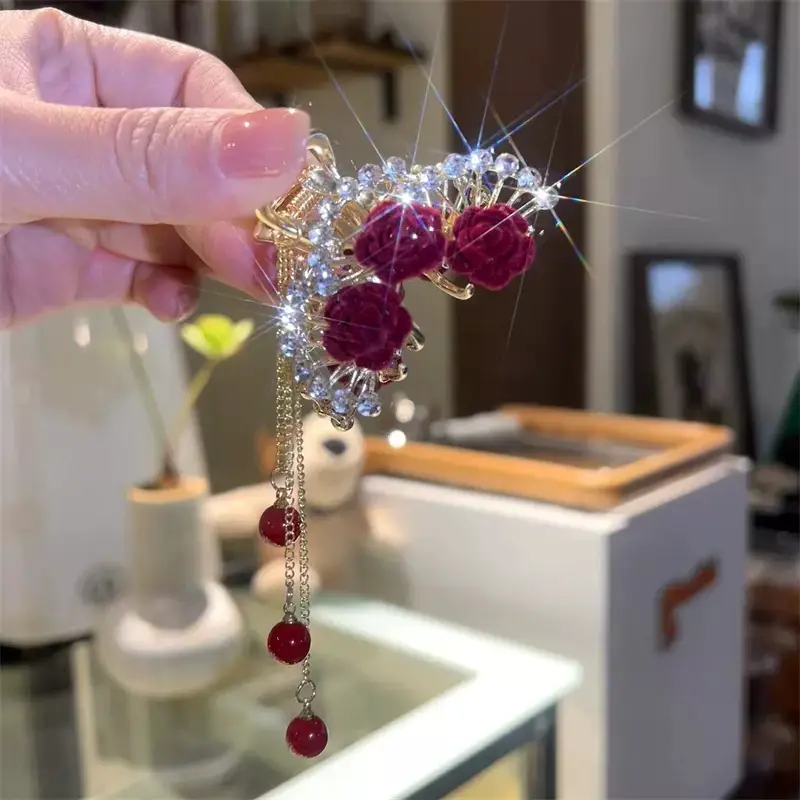 Red Rose Hairpin for Women High End Shark Clip - Image 17