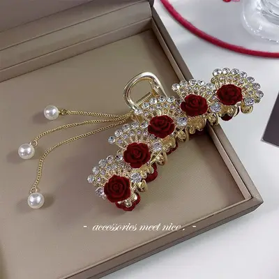 Red Rose Hairpin for Women High End Shark Clip - Image 18