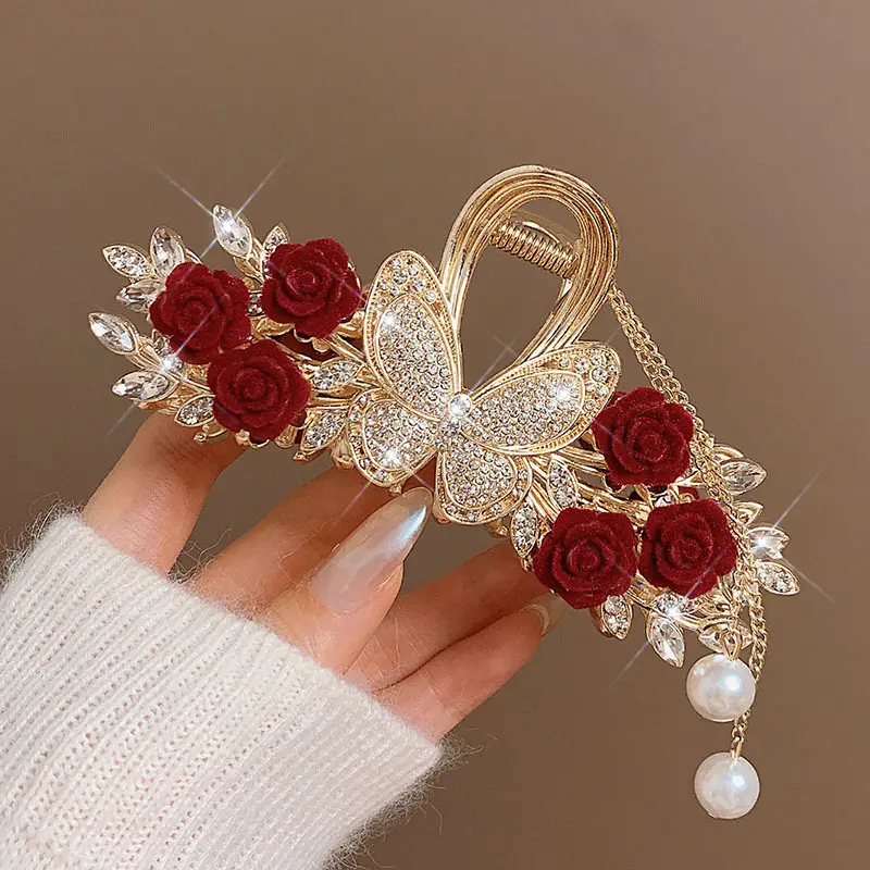 Red Rose Hairpin for Women High End Shark Clip - Image 23