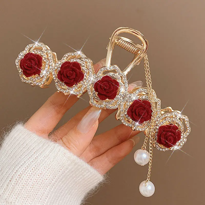 Red Rose Hairpin for Women High End Shark Clip - Image 24