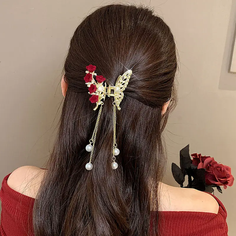 Red Rose Hairpin for Women High End Shark Clip - Image 25