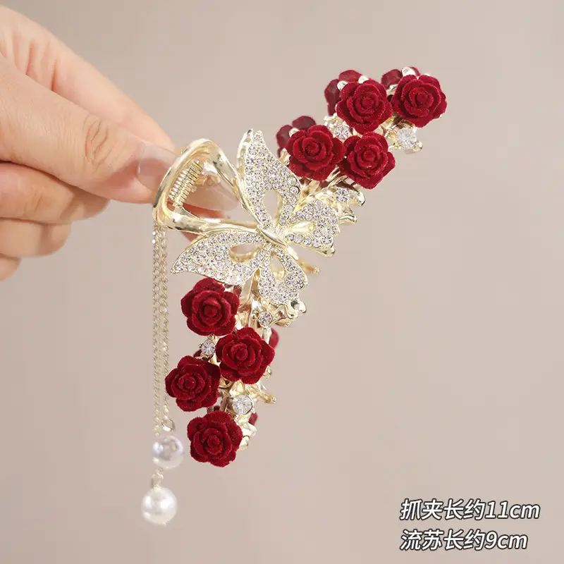 Red Rose Hairpin for Women High End Shark Clip - Image 4