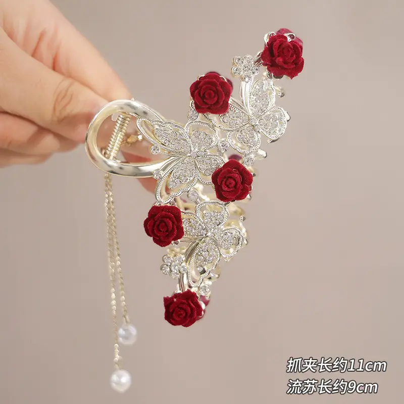 Red Rose Hairpin for Women High End Shark Clip - Image 5