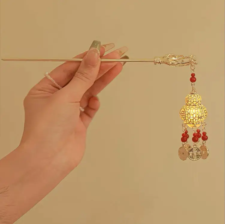 Ginkgo Leaf Hairpin with Glowing Lantern Tassel - Image 10