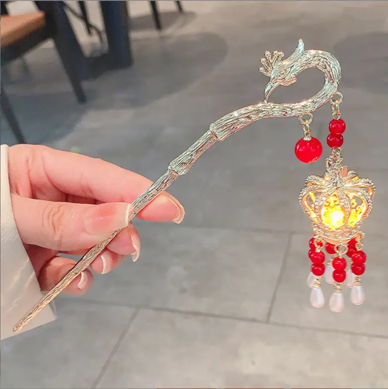 Ginkgo Leaf Hairpin with Glowing Lantern Tassel - Image 14
