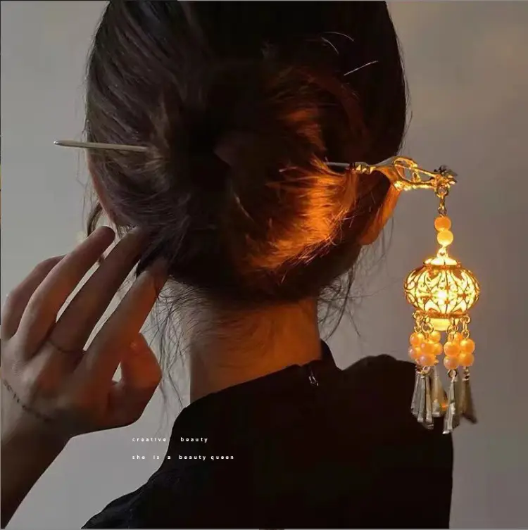 Ginkgo Leaf Hairpin with Glowing Lantern Tassel - Image 16