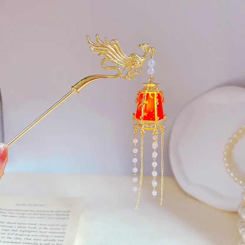 Ginkgo Leaf Hairpin with Glowing Lantern Tassel - Image 28