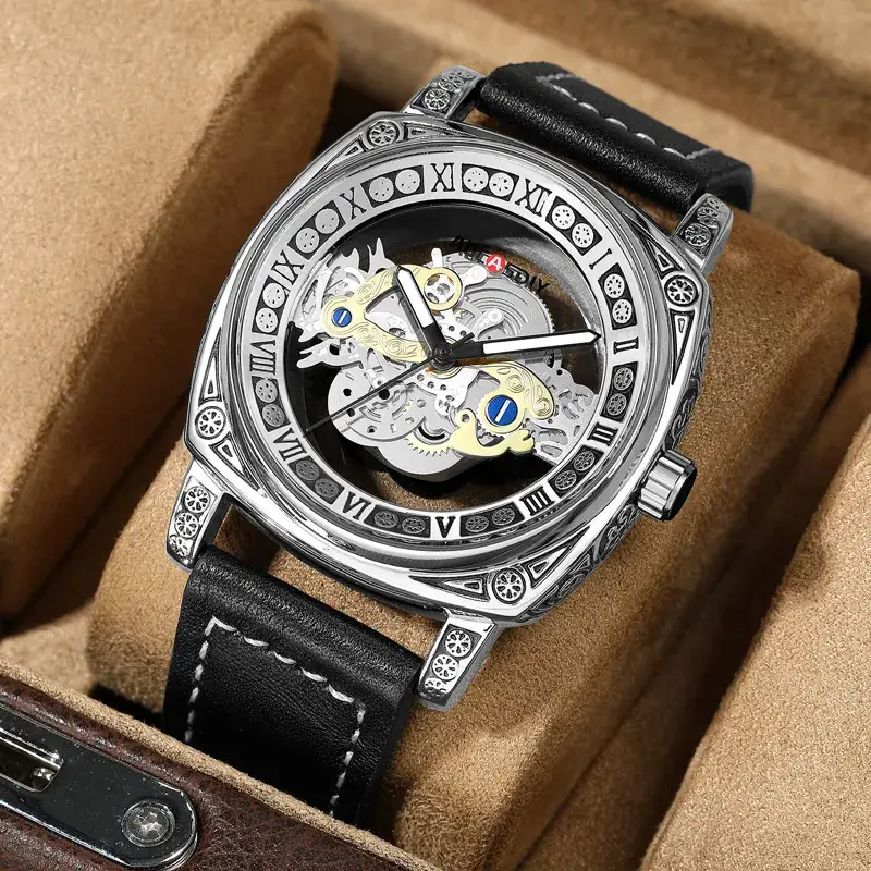 Men's Transparent Hollow Watch Brown Leather Band - Image 5