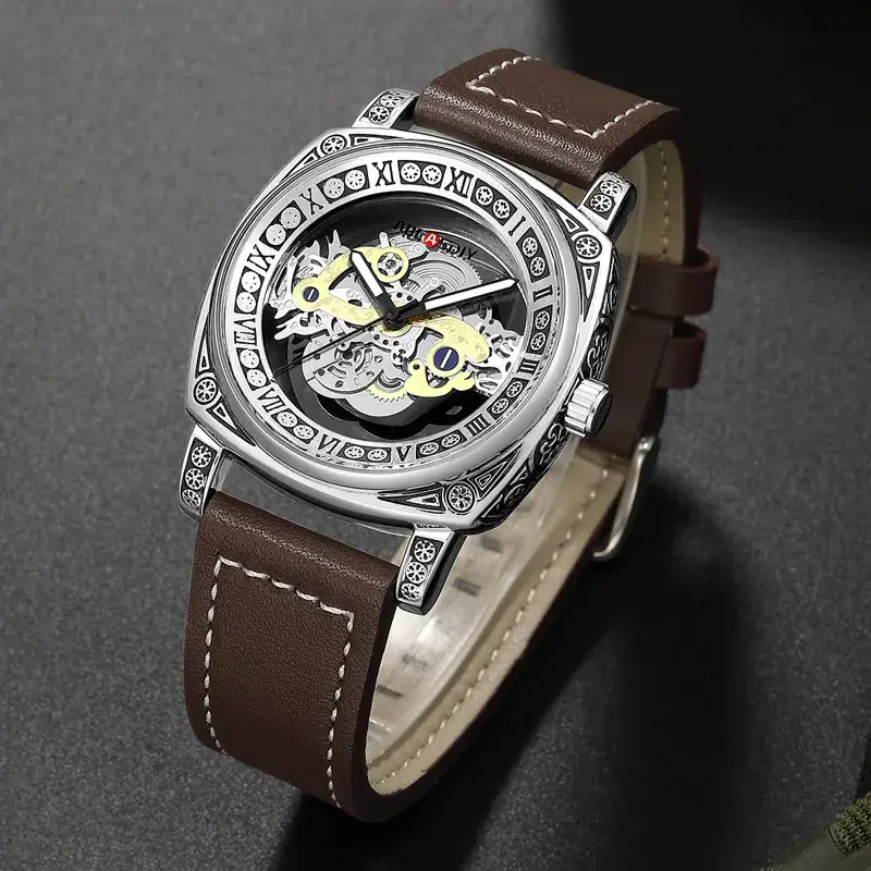 Men's Transparent Hollow Watch Brown Leather Band - Image 7