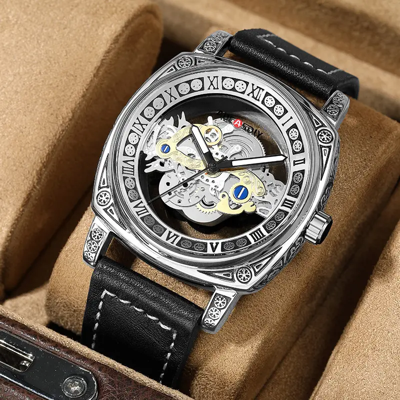 Men's Transparent Hollow Watch Brown Leather Band — feature 12