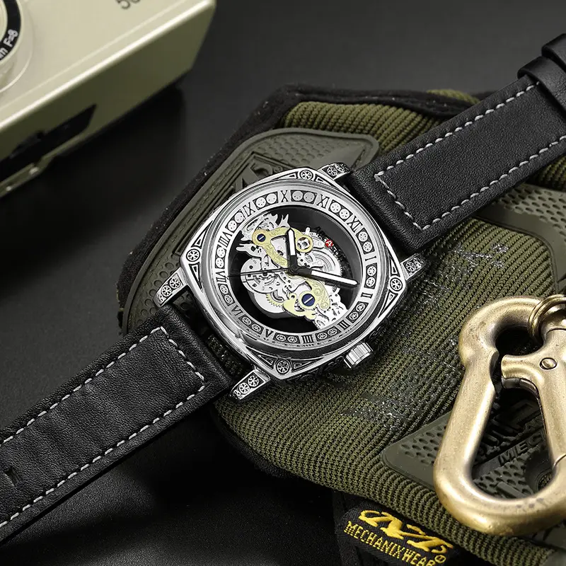 Men's Transparent Hollow Watch Brown Leather Band — feature 17