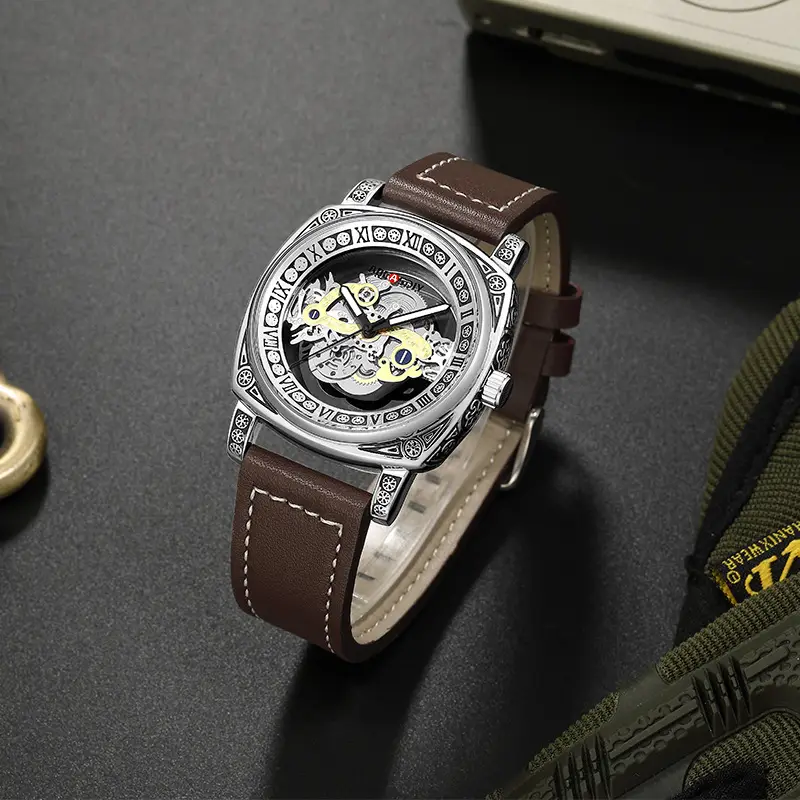 Men's Transparent Hollow Watch Brown Leather Band — feature 18