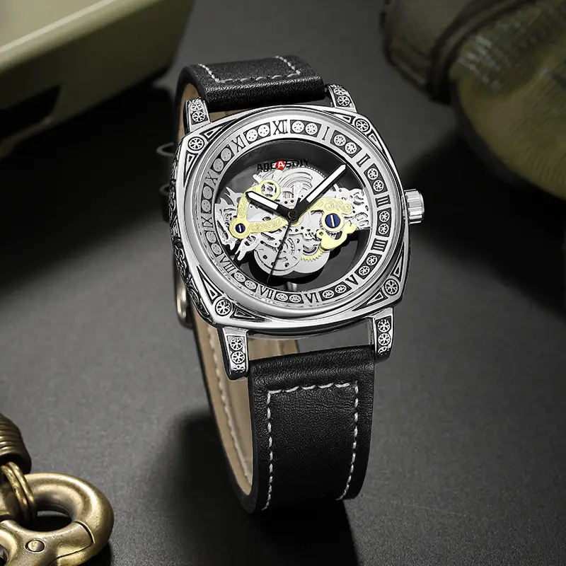 Men's Transparent Hollow Watch Brown Leather Band — feature 19