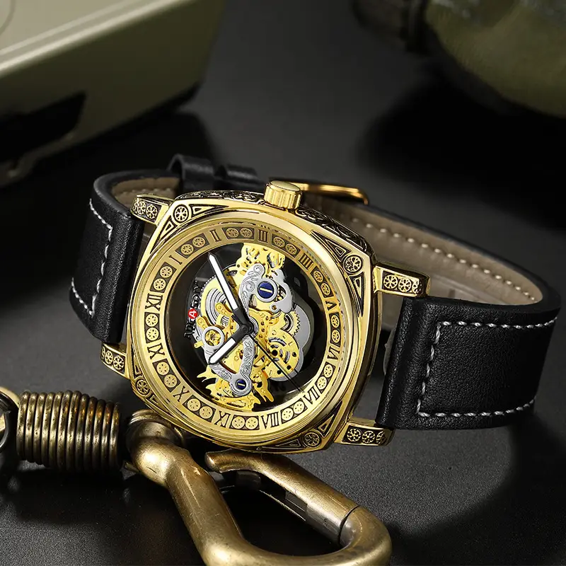 Men's Transparent Hollow Watch Brown Leather Band — feature 20