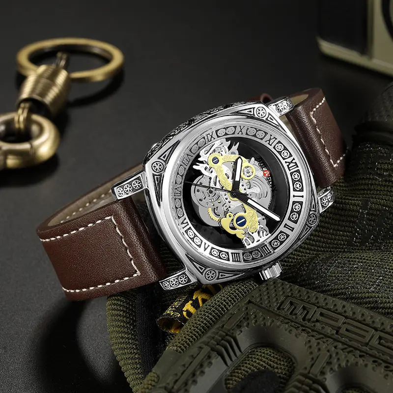 Men's Transparent Hollow Watch Brown Leather Band — feature 21