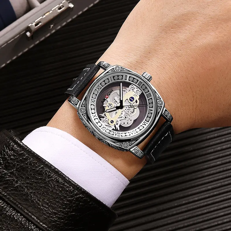 Men's Transparent Hollow Watch Brown Leather Band — feature 22