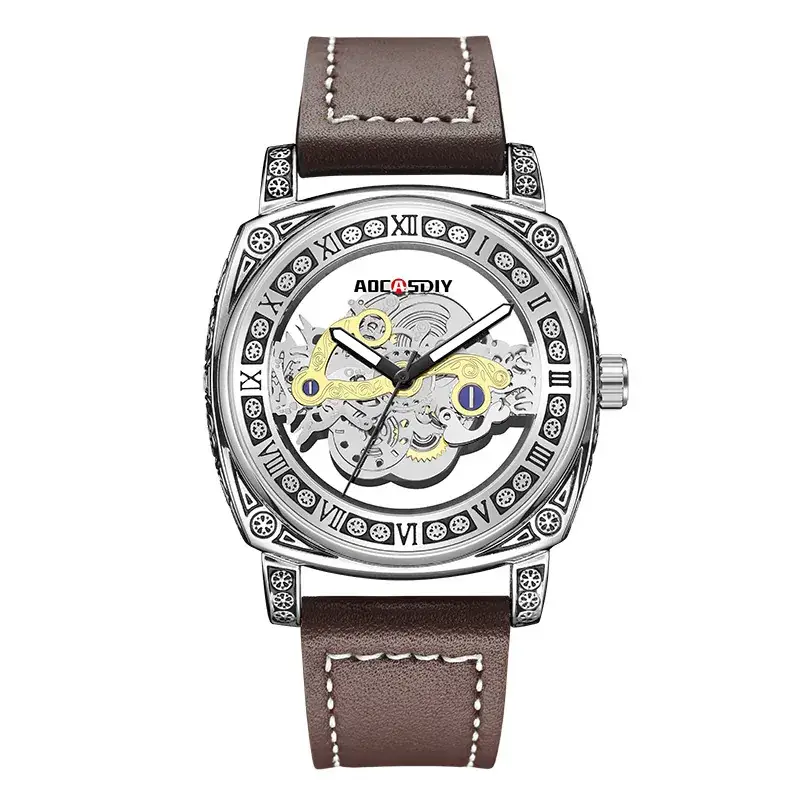 Men's Transparent Hollow Watch Brown Leather Band - Image 2