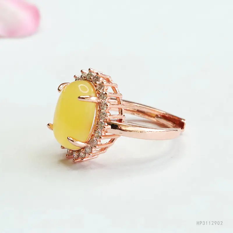 Yellow Honey Amber Ring for Women with Diamond Set - Image 3