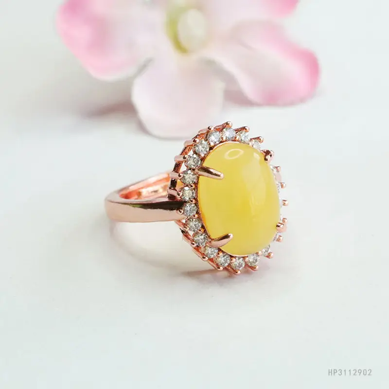 Yellow Honey Amber Ring for Women with Diamond Set - Image 4