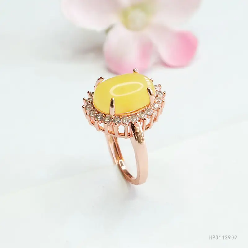 Yellow Honey Amber Ring for Women with Diamond Set - Image 5